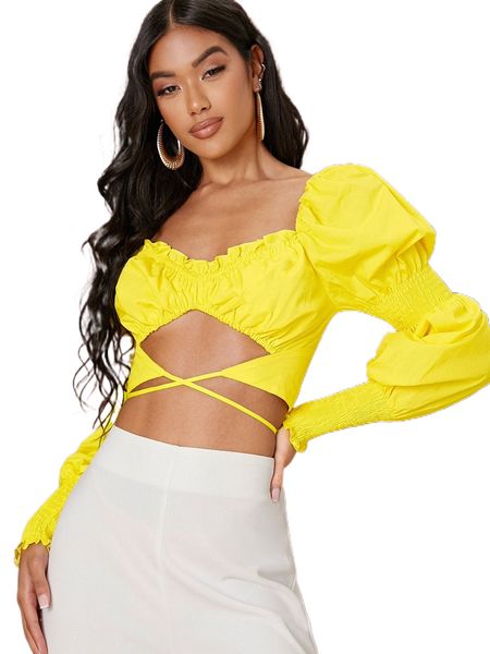 

neon yellow shirred detail crisscross tie back r88v#, White