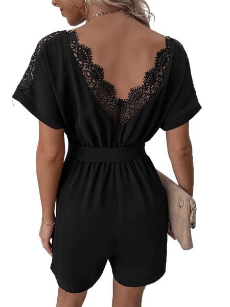 

guipure lace panel batwing sleeve belted romper p95m#, Black;white