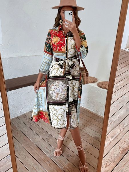 

scarf print shirt dress with belt w8aw#, Black;gray