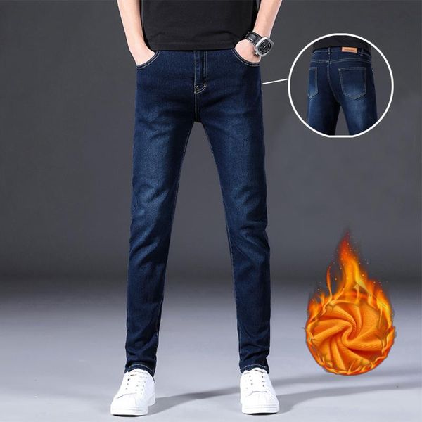 Jeans masculinos 2022 Men's Warm Slim Fit Fleece Pants Stretch Business Denim Jean Hommemen's