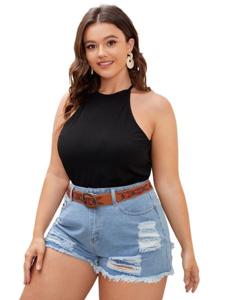 

plus ribbed knit halter w3ub#, Black