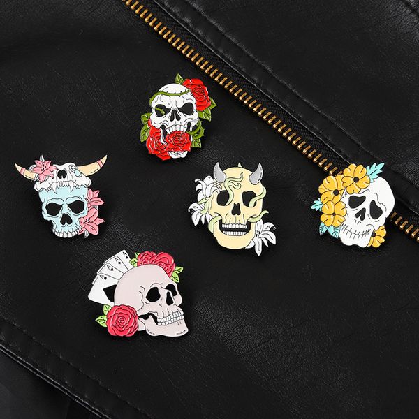 

punk style brooches 5pcs set rose flower skull enamel scarf buckle badges bull's head alloy pin women jewelry gift bag accessories, Gray