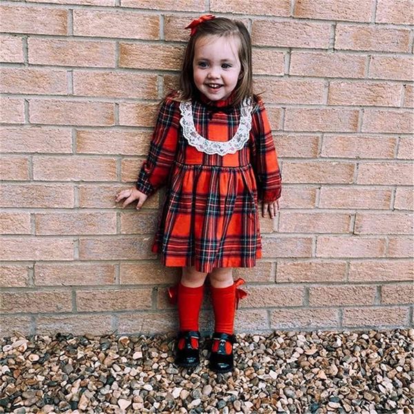 

girl dress fashion plaid shirt dress lace splicing for girls party dress autumn england clothes for girls christmas year h30 210329, Red;yellow