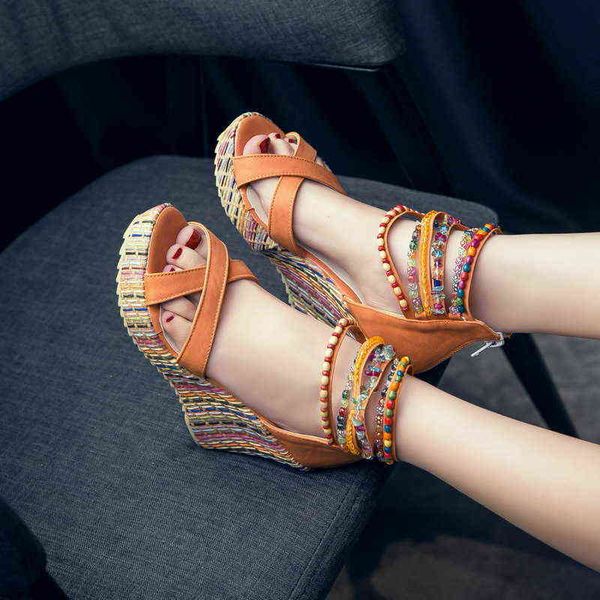 

bohemian style women's shoes hand beaded open toe high thick bottom slope heel sandals, Black