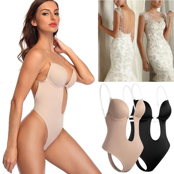 

deep v neck backless body shaper bra bodysuit thong shapewear women nude black invisible tummy control underwear wedding, Black;white