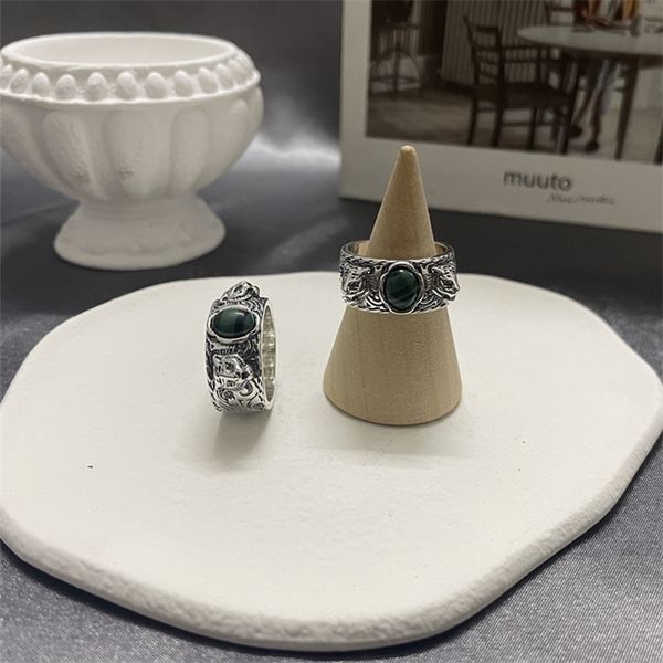 

80% off clearance old carving inlaid malachite tiger head men's and women's fashion couples' ring valentine's day, Silver