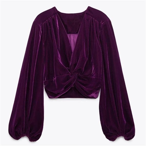 

purple cropped velvet women long puff sleeve knotted vintage blouse female fashion side zip short blouses 210524, White