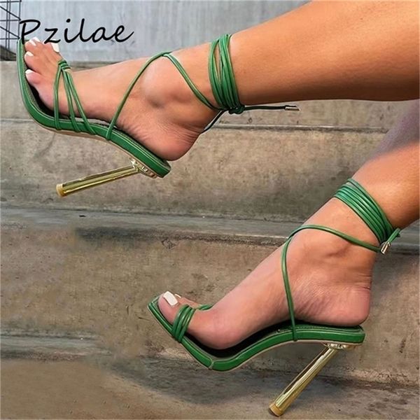 

pzilae summer green white women sandals ankle strappy metal heels thong high square toe party shoes size 41 220509, Black