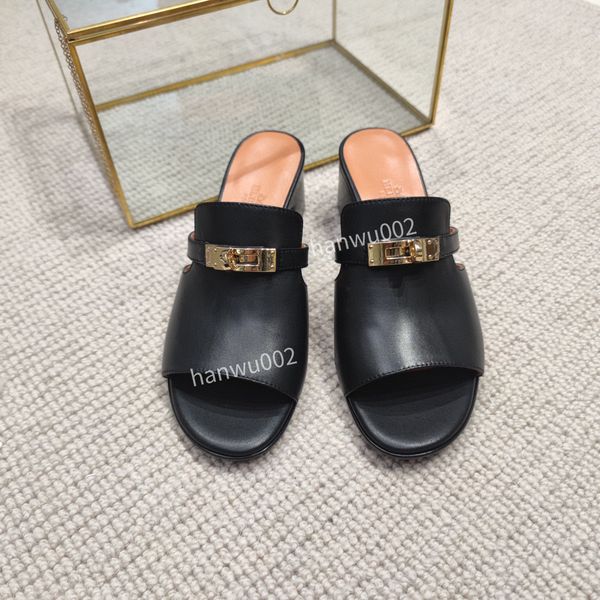 

2022 dress shoes genuine leather high heel womens sandals chunky heel mules square toe lady sliders fashion sandal slide size35-40 fl220306, Black