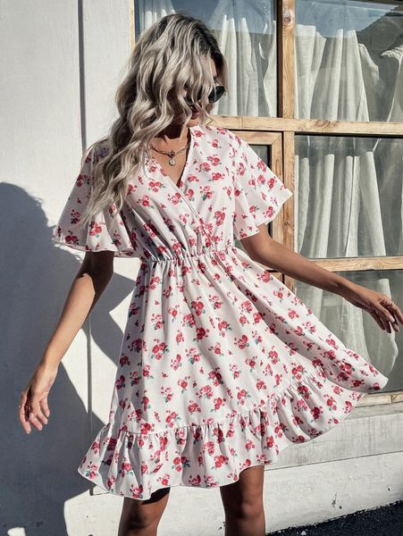 

floral print overlap collar flutter sleeve ruffle hem dress w2vp#, Black;gray