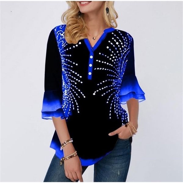 

shirt blouse women plus size 5xl single-breasted print position blue v-neck flared sleeve female shirt loose ladies shirt 210308, White