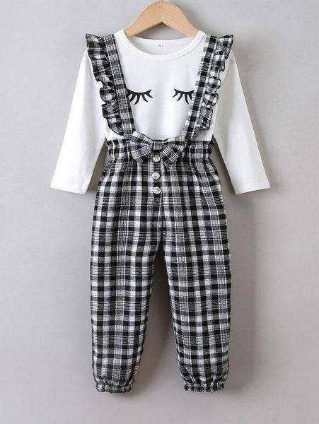 

toddler girls eyelash print tee & ruffle trim bow front pinafore pants she, White