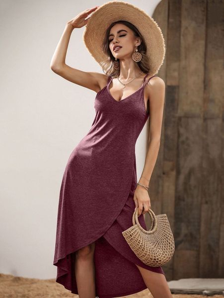 

crisscross back wrap hem cami dress 1958#, Black;gray