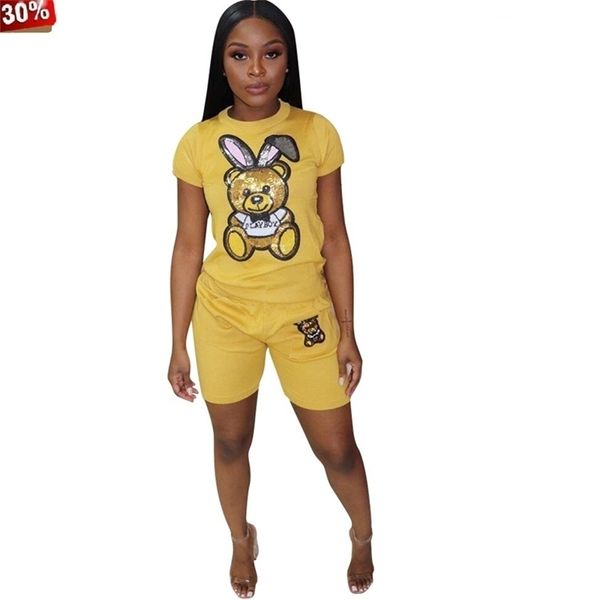 

sequin cartoon two piece short plus size sets women casual tracksuit summer fashion short pants sequin 2 piece outfit t200702, White