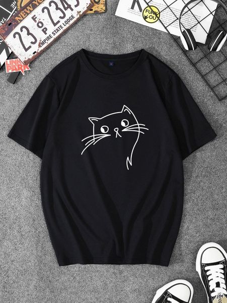 

men cat print tee s06m#, White;black