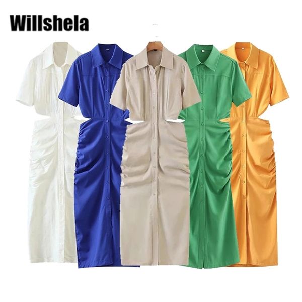 

willshela summer shirt dress women waist cut-out short sleeves midi fashion design elegant bodycon femme robe 220425, White;black