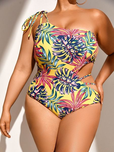 

plus tropical print cut-out one piece swimsuit s4y6#, White;black