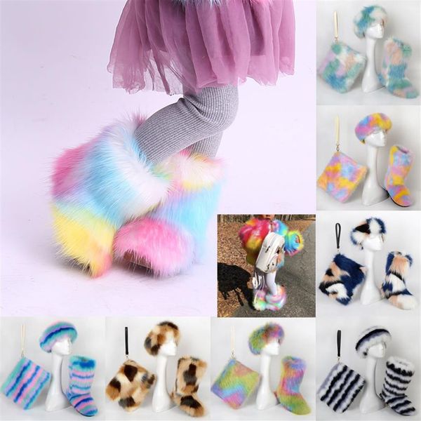 

kid child boy girl faux fox fur snow boot bag set 3 pieces headband with fur lined lining winter furry fluffy outdoor mid boot cal2071, Black