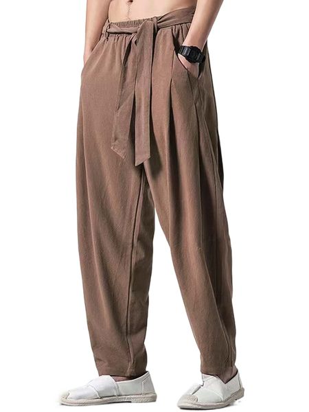 

men solid belted carrot pants q6pa#, Black