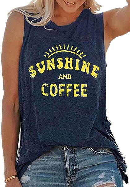

tank for women sunshine and coffee tank funny letter print vest sleeveless t-shirt summer tunic shirt m4sm#, White