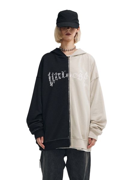 

letter graphic colorblock drop shoulder zip up hoodie b3lv#, Black