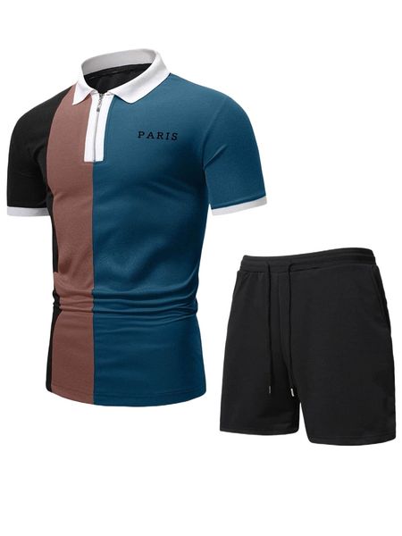 

men color block letter graphic polo shirt & shorts v80a#, Gray