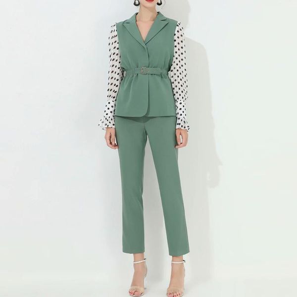 

women's two piece pants fashion 2022 runway suit set women's dot patchwork belted blazer, White