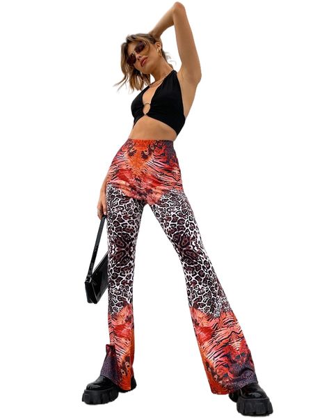 

leopard & tiger skin print flare leg pants x0f1#, Black;white