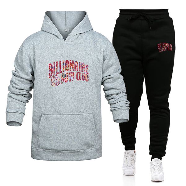 

autumn new men's sets tracksuit hooded sweatshirt drawstring outfit priint color muscle sportswear pullover two piece set casual, Gray