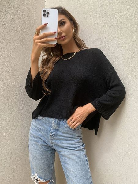 

aamilife split hem drop shoulder sweater a5jx#, White;black