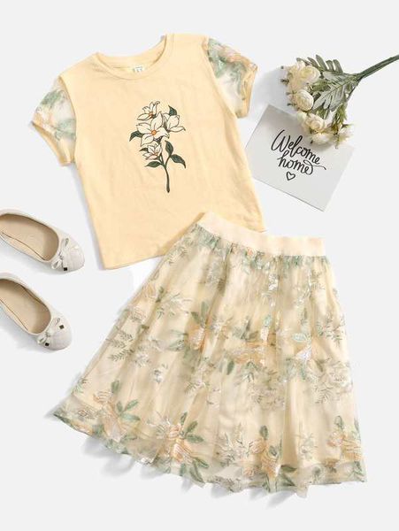 

girls floral print tee & embroidery detail mesh skirt she, White