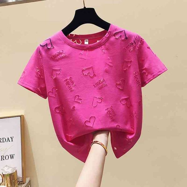 

women's t-shirt summer korean hollow out sweet heart t women short sleeve fashion slim tee femme ins za9x, White