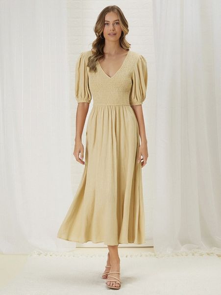 

solid puff sleeve shirred dress u1df#, Black;gray