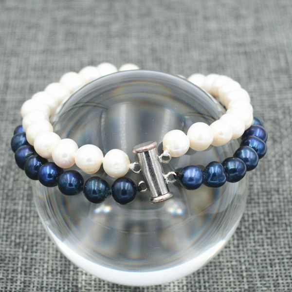 

7-8mm black / white freshwater cultured pearl bracelet 7.5&quot 2 row, Silver