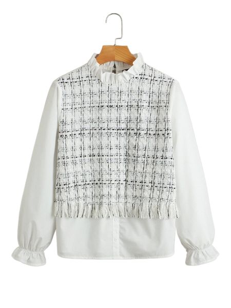 

plus plaid tweed panel raw cut flounce sleeve blouse j1p6#, Black