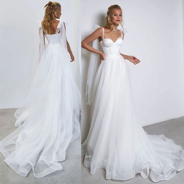 

simple white tulle wedding dress boho bow spaghetti straps beach wedding party gowns
