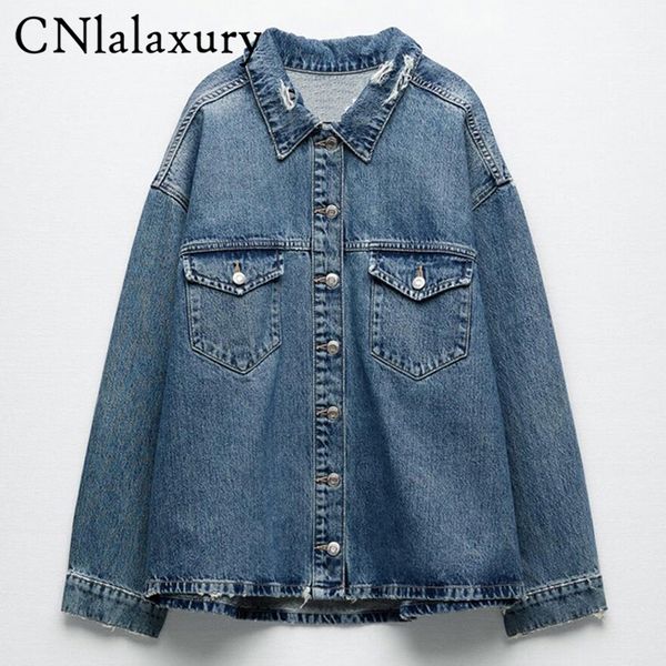 

cnlalaxury vintage blue jean denim jacket women oversized coat fall spring casual big pocket single breasted outwear 220809, Black;brown