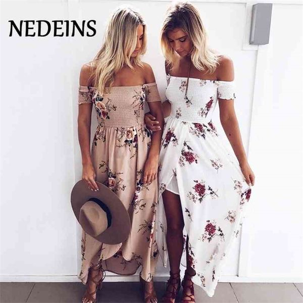 

nedeins women floral dress summer split maxi beach sundress off backless dress boho long dresses vestidos femme 210401, Black;gray