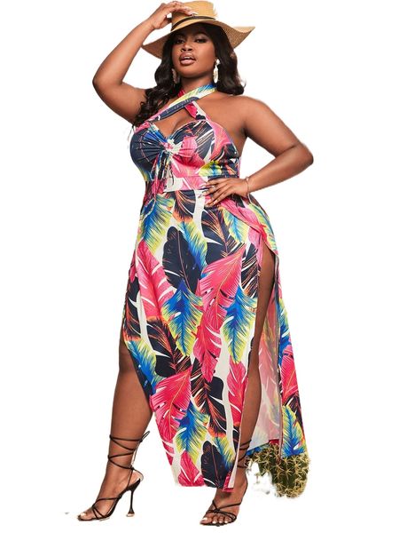 

sxy plus tropical print criss cross drawstring front tie backless split thigh halter dress d3bs#, Black