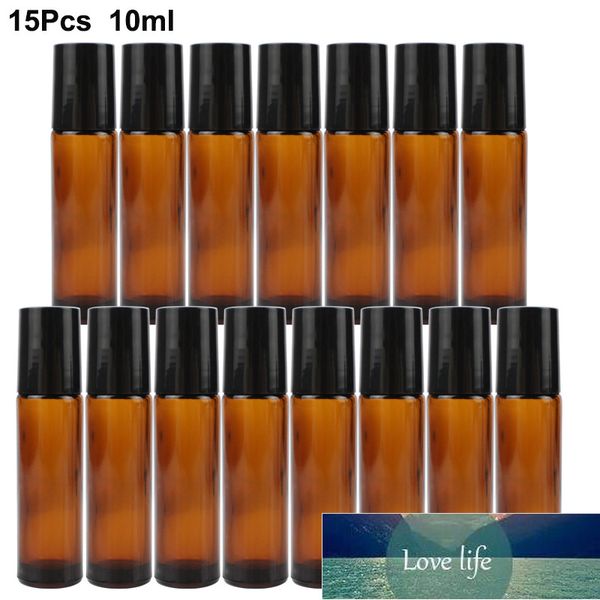 15 pcs / pacote 10ml Rolo de vidro âmbar na garrafa para frascos de óleo essencial com recipientes de garrafas recém-frascos de bola de metal