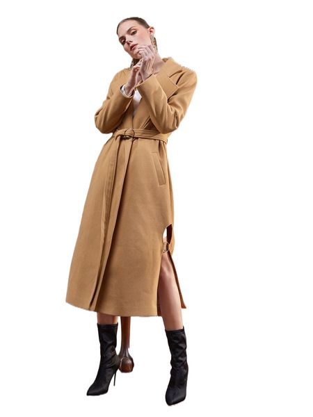 

x juliana jace lapel neck ring belted detail split side overcoat 72rx#, Black