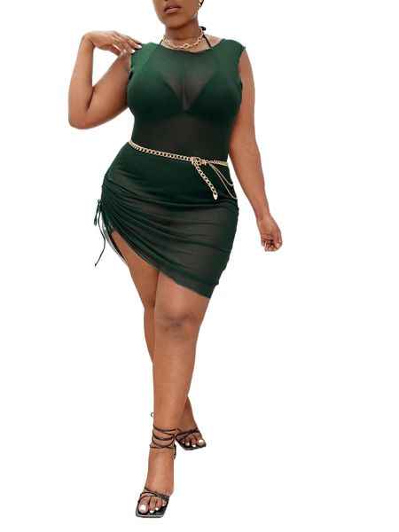 

plus drawstring side cover up without belt t4t2#, Black