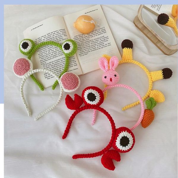 

knit headband for women girl cartoon woolen yarn head band handmade knitting unique hair hoop accessories hairband mouse rabbit fox ear frog, Slivery;white