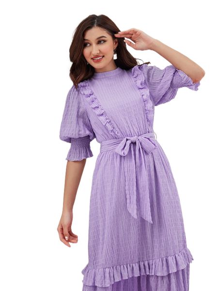 

modely mock neck puff sleeve ruffle hem belted dress 34ax#, Black;gray