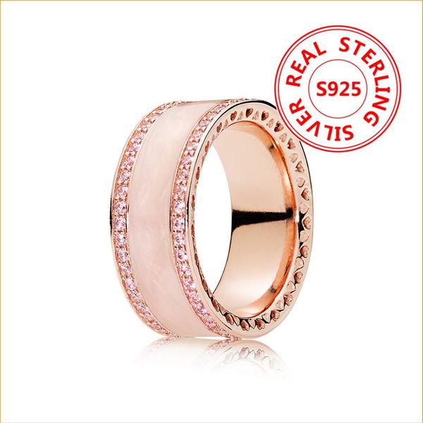 

100% 925 sterling silver white and pink enamel band ring with original box for pandora 18k rose gold ring for women grils309q