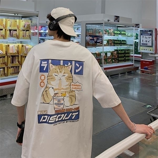 

privathinker cat cartoon graphic men tshirt casual baggy short sleeve t-shirt japanese style oversized t shirt men's clothing 220512, White;black