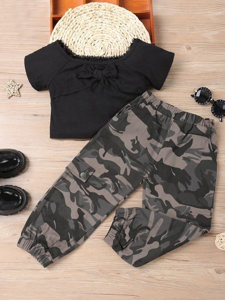 

toddler girls bow front guipure lace insert raglan sleeve tee & camo print pants she, White