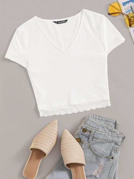 

v-neck lace hem rib-knit tee r0z9#, White
