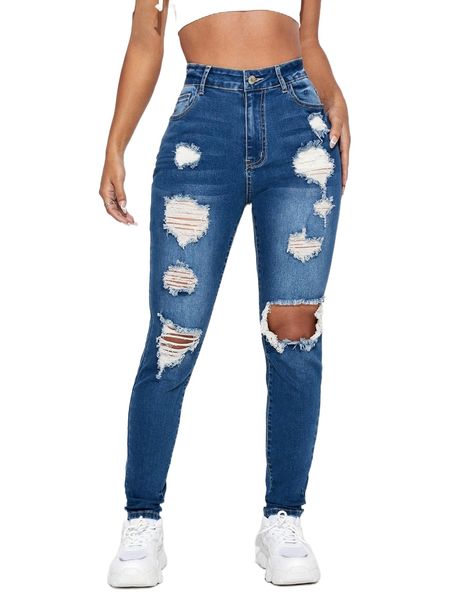 

high waist ripped frayed cut out skinny jeans i1fj#, Blue