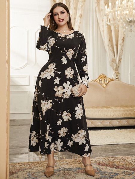

plus floral print a-line dress b2ez#, Black